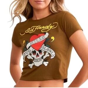 Ed Hardy Love Kills Slowly Brown Baby Tee Size Large Y2K